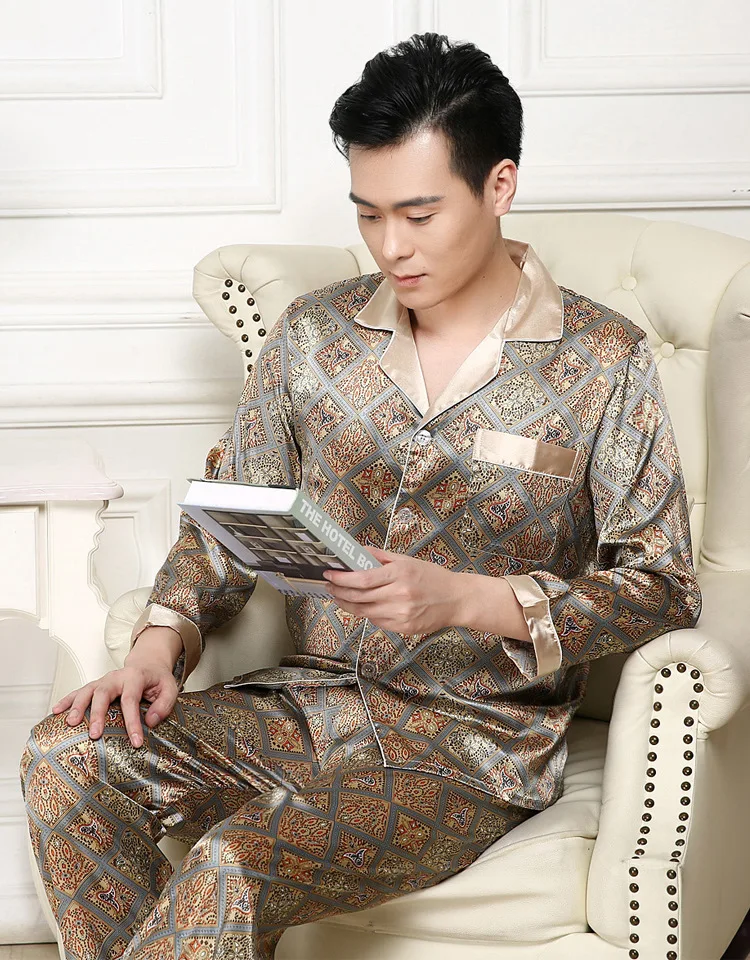 satin pajamas Pajama Set High Quality Silk Pajama for Men Sleep Tops Trousers Two Pieces Long Sleeved Sleepwear Satin Set Plus Size Pyjamas plaid pajama pants