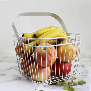 

Iron Sundries Container Practical Handle Storage Basket Portable Countertop Fruit Organizer for Shopping Home (White)