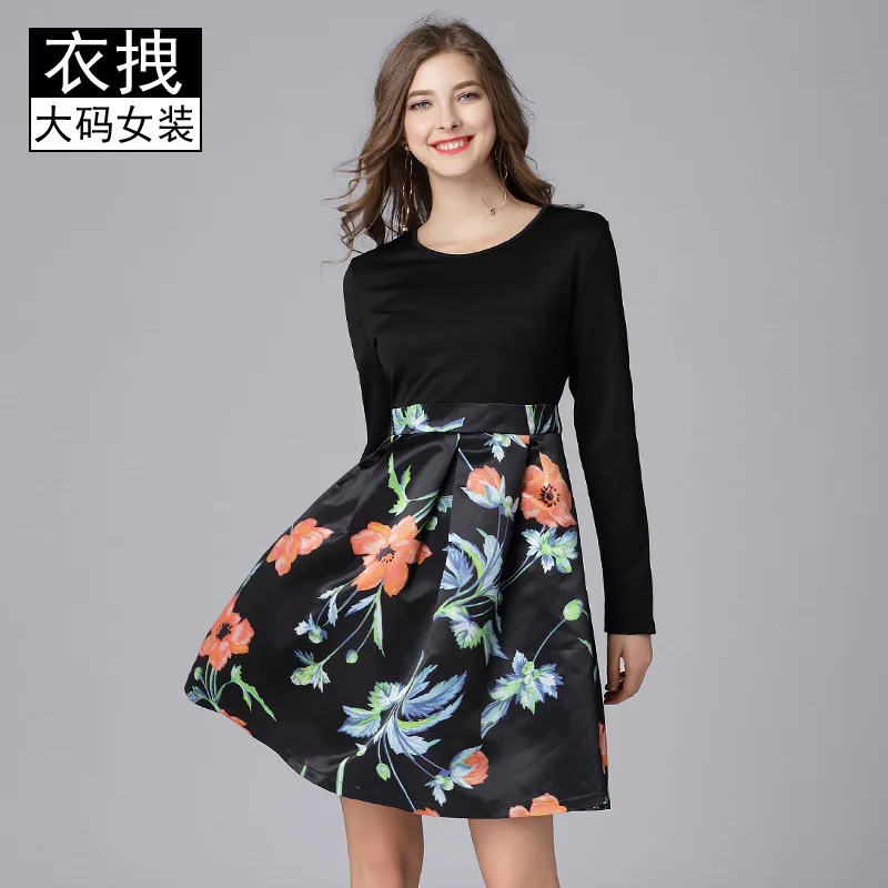 

2019 Spring Clothing New Style Women's Knitted Long-sleeved Dress-Style Mid-length Korean-style Slim Fit Printed da ma qun 200
