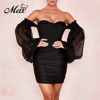

Max Spri 2020 New Slash Neck Off Shoulder Mesh Sleeve Bodycon Drap Mini Dress Women Fashion Party Club Sexy Vestidos