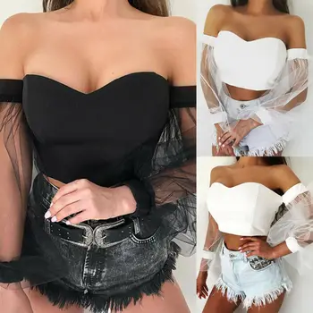 

Sexy Hollow T Shirt Women Long Sleeve Spring Summer Off Shoulder Crop Tops Black White Tshirt Top Streetwear 2020 Chic