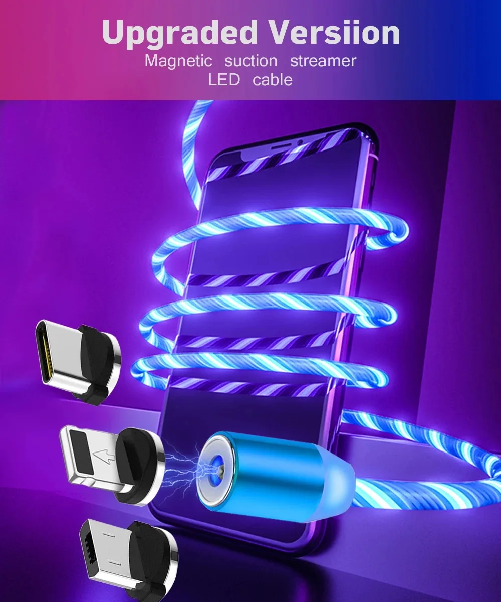 Светящееся освещение потока Магнитный usb-кабель для iPhone XR X 7 8 Micro type C зарядное устройство Быстрая зарядка магнит зарядка USB-C type-C