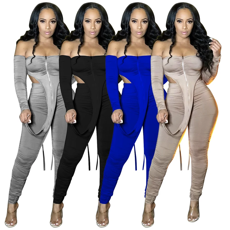 

New autumn two-piece women's suit High elastic folds solid color sexy two-piece suit Long-sleeved trousers suit