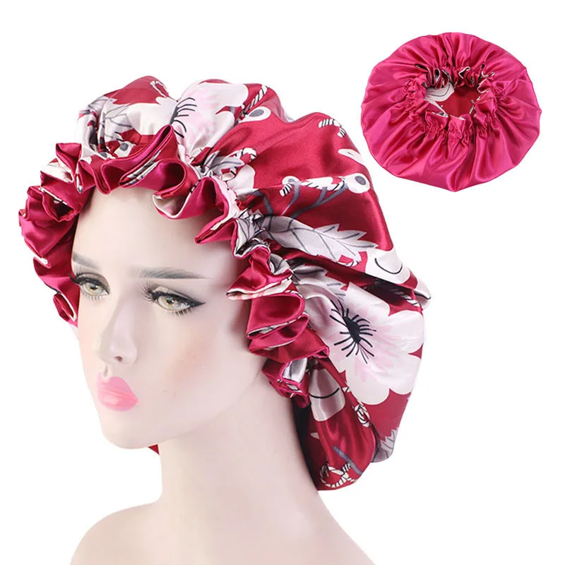 New Double-Sided Reversible Satin Bonnet Hat Large Satin Linned Bonnet Sleep Cap Silky Night Sleep Cover Cap Lady Hair Styling