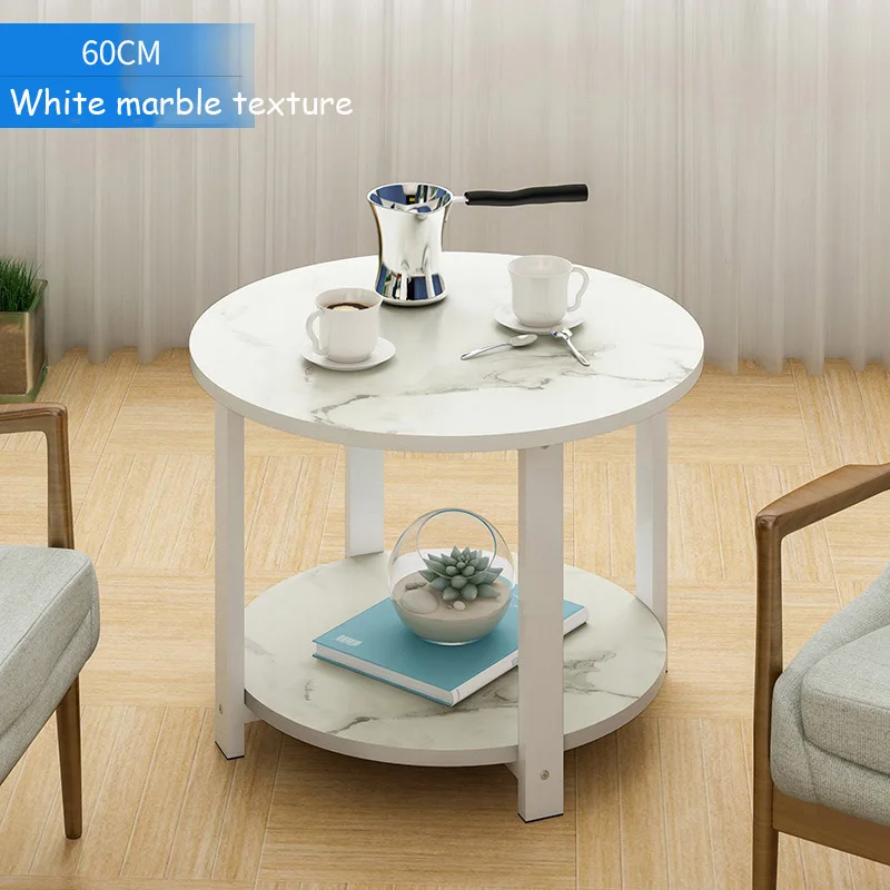 Wooden Coffee Table Marble Texture Simple Smart 2 Layers Round Sofa Side Tea Table for Living Room Bedroom Furniture