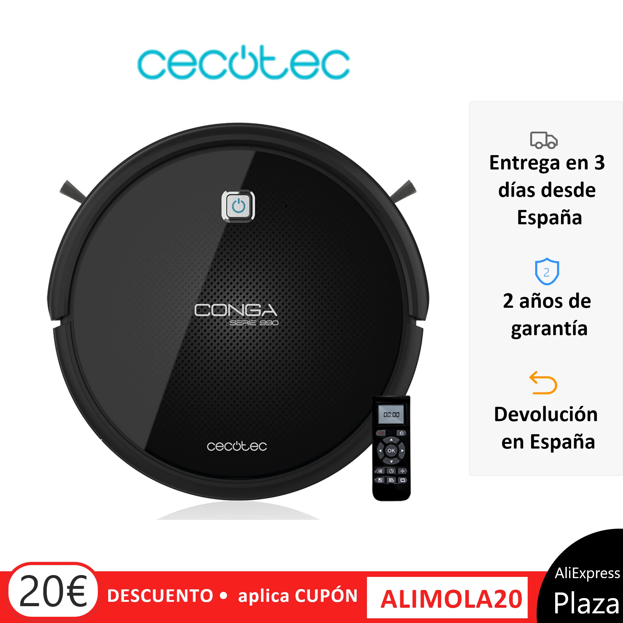 Cecotec Robot Vacuum Cleaner Conga 1090. Aspirate, Sweep, Scrub and pass the Mopa. Special Pet Brush, 160 min Autonomy, Robot Vacuum, Cordless Vacuum, Robot Cleaning