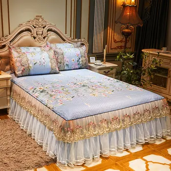 

Summer Embroidered Lace Quilted Bedspreads Double Queen King Bed Cover Set Cooling Flower Ruffles Fitted Sheet with Pillowcase