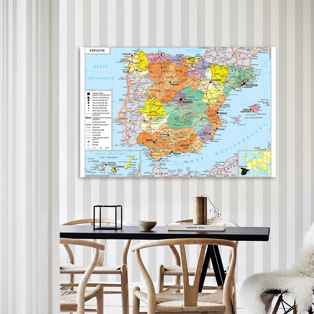 150*100cm The Spain Political Transportation Map world map poster spain road map In French Wall Art Poster Non-woven Canvas Painting School Supplies Home Decor