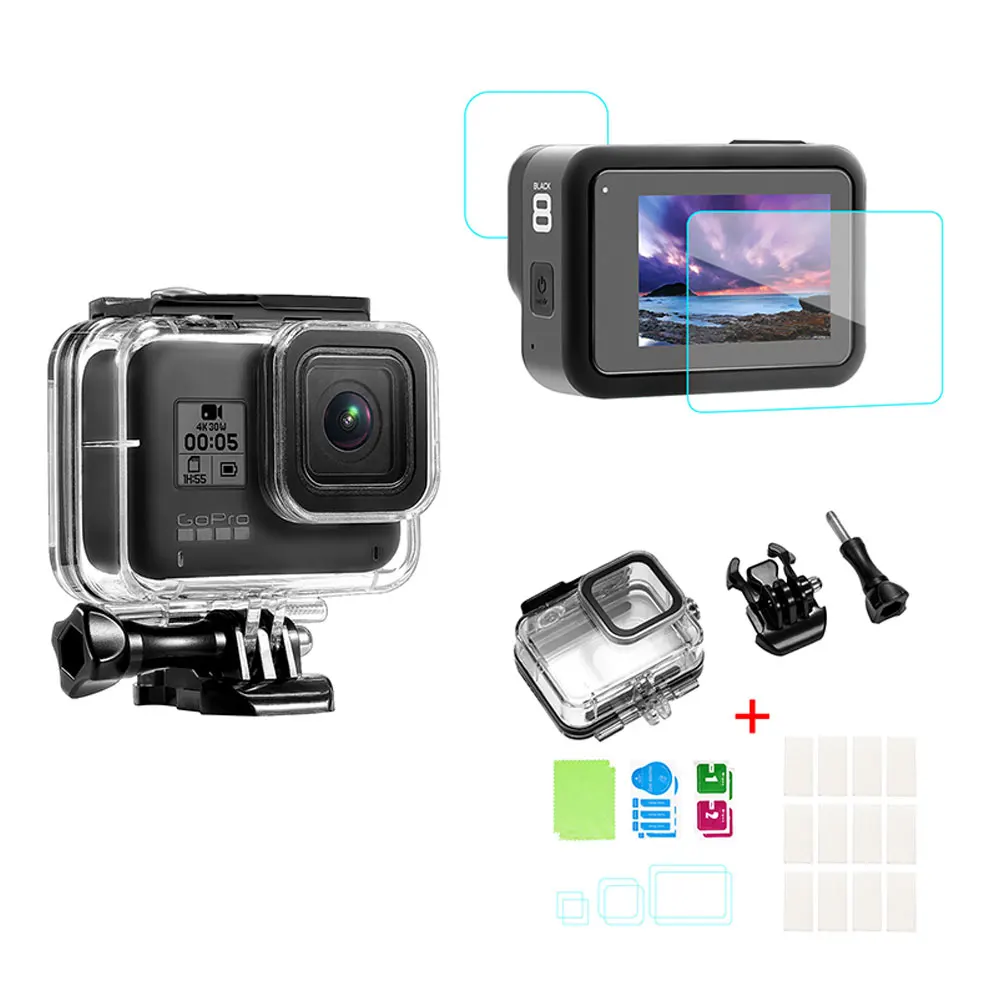 Водонепроницаемый чехол для дайвинга для Gopro Hero 8 Защитная оболочка противотуманная пленка взрывозащищенные закаленные пленки аксессуары для спортивной камеры