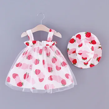 

New 2020 Baby Girls Summer Dresses Todder Clothes Sleeveless Strawberry Party Princess Knee-length Dress +Sun Hat 2PCS Set 0-3Y