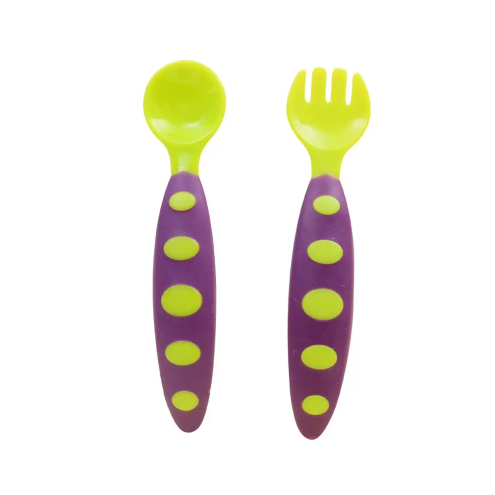 

2PCS/SET Double Color Newborn Baby Spoons Fork Soft Silicone Baby Feeding Spoon Safety Utensils Patchwork Children Tableware