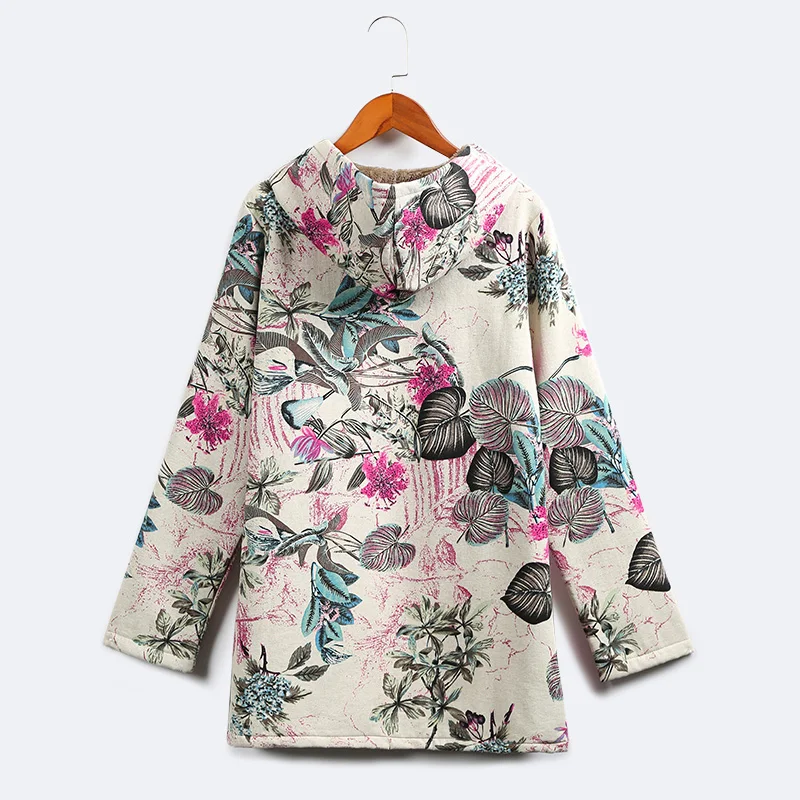 Versear зимняя женская теплая парка с капюшоном из искусственного меха повседневные Карманы с цветочным принтом винтажная Длинная ветровка верхняя одежда размера плюс