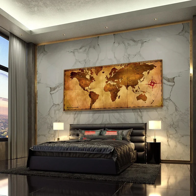 

Modern World Map Canvas Painting Print Gold Blue Grey Map of the World Poster Office Study Decor Wall Art Picture Painting Decor