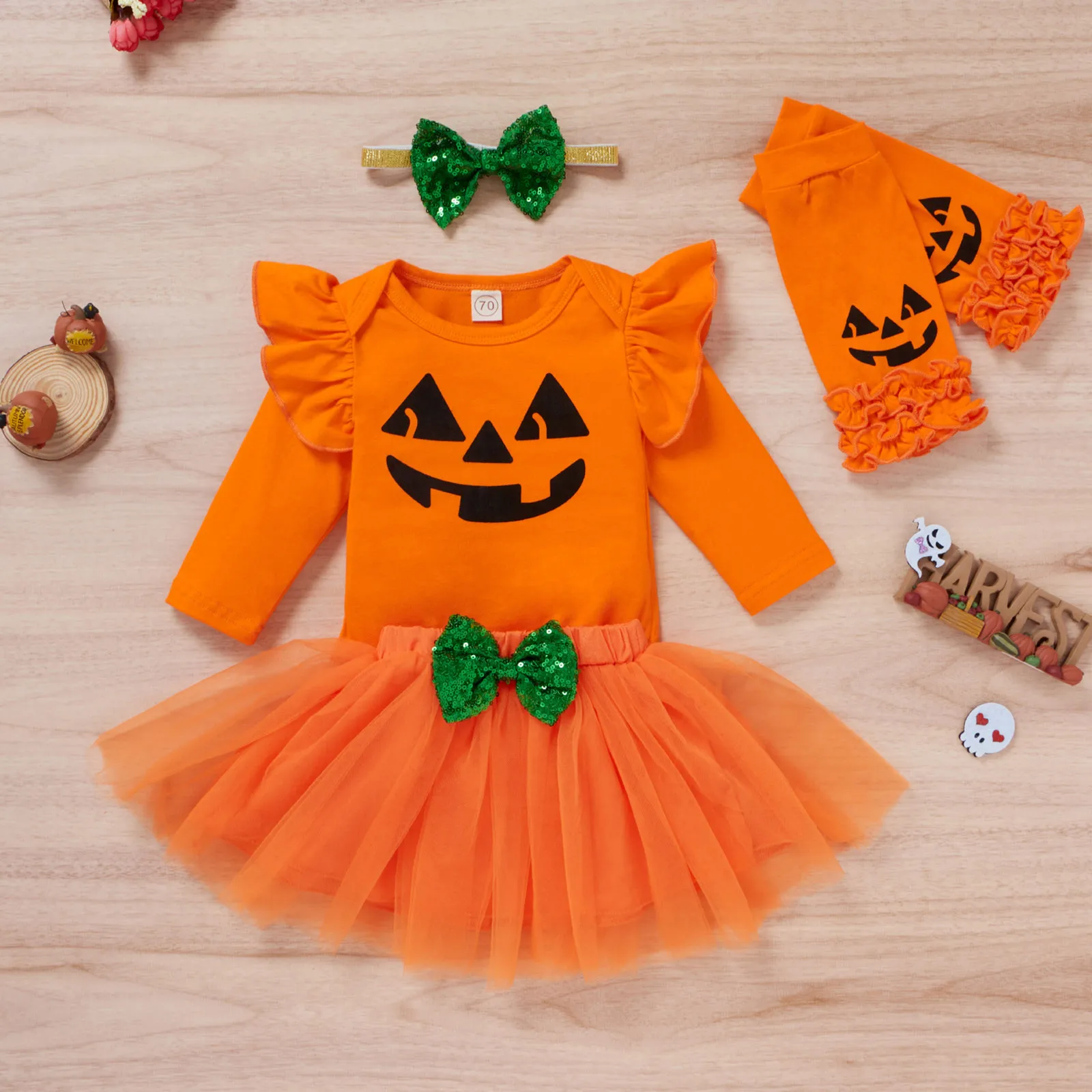 4pc Halloween Girls Pumpkin Dress Toddler Witch Dress Baby Girls Carnival Party Clothing