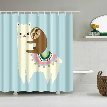 

Animal Shower Curtain Cartoon Alpaca Light Blue Fashion Bath Accessories with Hooks Waterproof Polyester Fabric Bathroom Decor