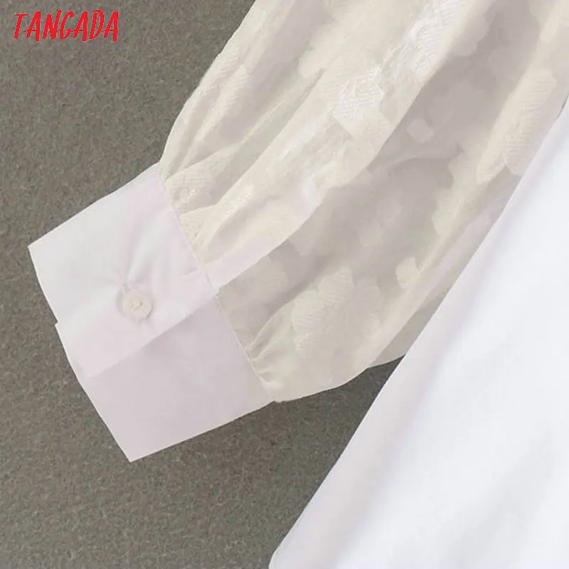 Tangada Женская шикарная белая блузка осень отложной воротник цветочный сетчатый длинный рукав рубашки женские элегантные топы CE456