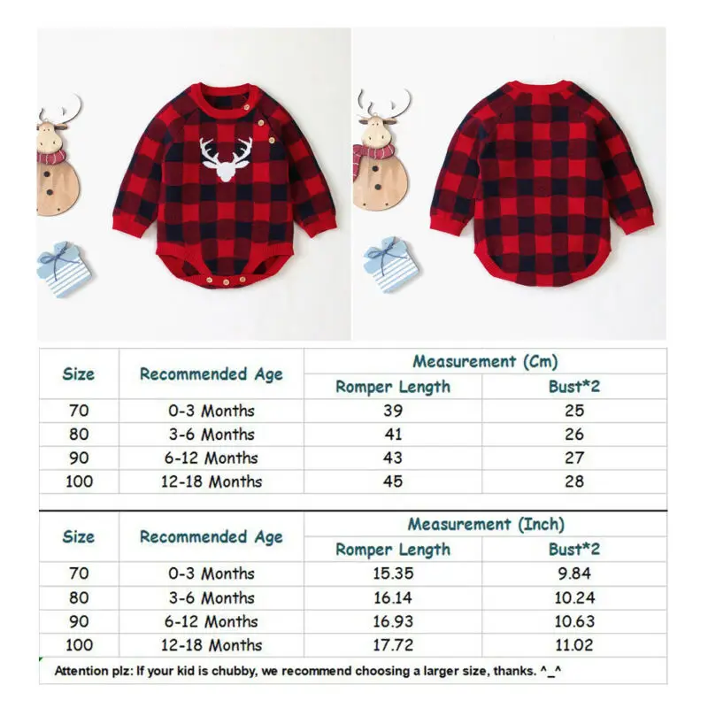 Рождественский Вязаный комбинезон в красную клетку с длинными рукавами и принтом оленя для новорожденных мальчиков и девочек, костюм, Рождественская одежда