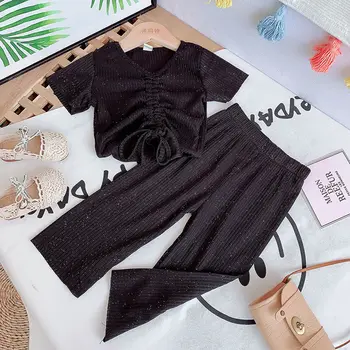 

New 2020 Summer Girls Clothing Sets Kids V-Neck Short Sleeve Tops +Wide Leg Pants Knitted Suits Children Baby Girl Clothes W259