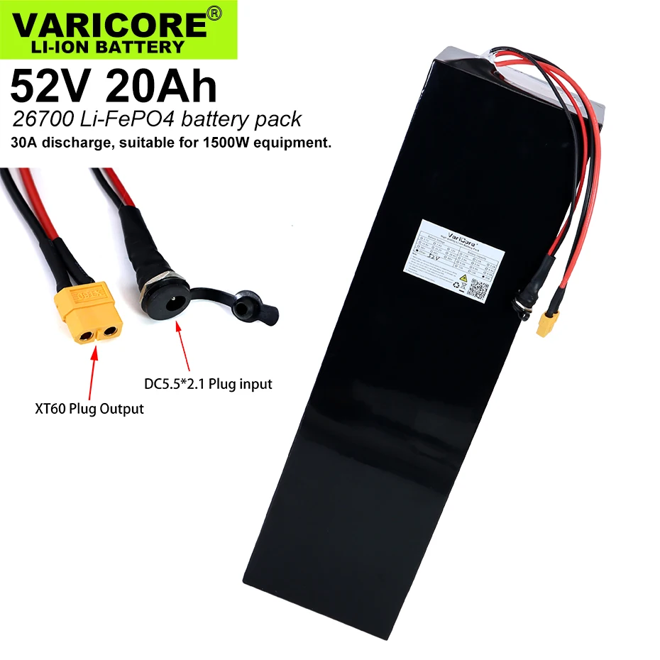 VariCore 52V 20Ah 16S4P 26700 Lifepo4 Батарея пакет 20A Максимальная 60A сбалансированный BMS для
