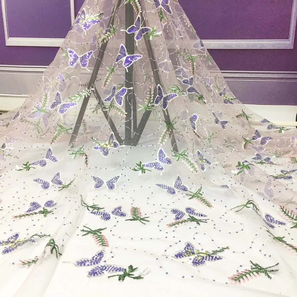 

African Lace Fabric 2022 High Quality Embroidered Sequins Butterfly Lace French Tulle Lace Fabric for Nigeria Dress Sewing M4521