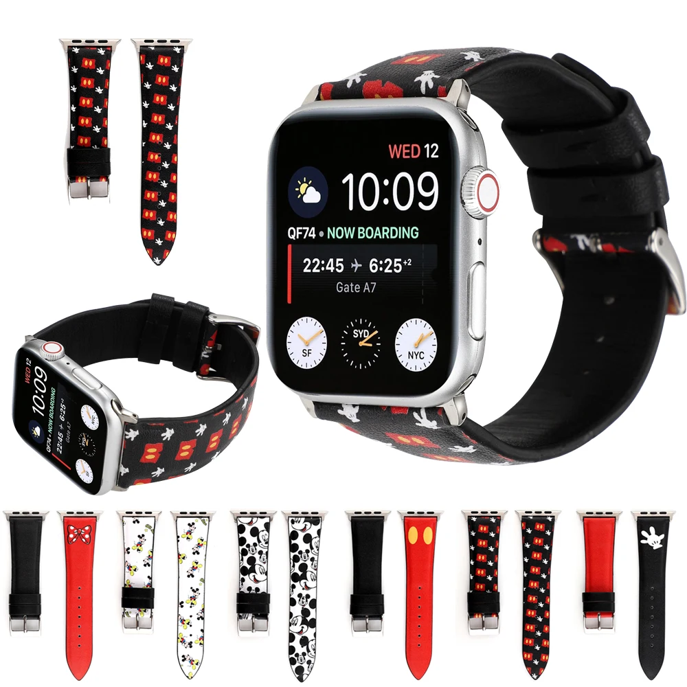 Ремешок из натуральной кожи для Apple Watch band 44 мм 40 38 42 браслет с принтом Микки Мауса