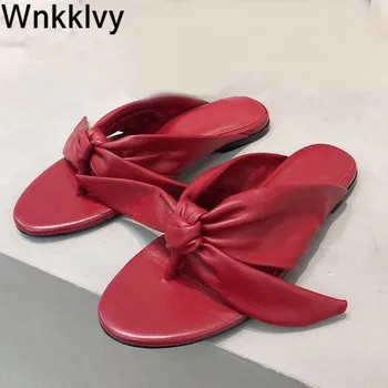 

New Summer Beach Slipper Shoes real leather Woman Flipflops Lazy Mullers flat slides butterfly knot Outdoor bowties sandals 2020
