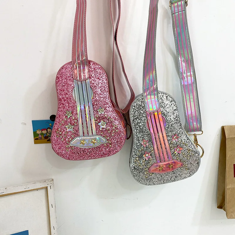 Double Flower Novelty Funny Small Guitar Handbags and Purses Irridescent PU with Glitters Women Shoulder Bags Crossbody Bag |