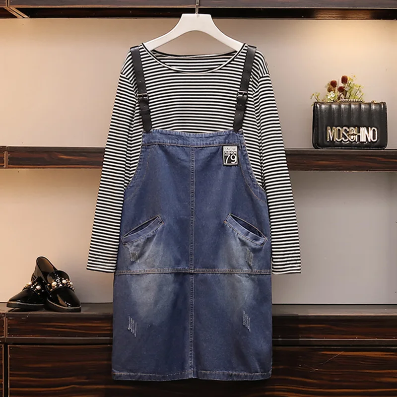 

Fat Mm Large Size Dress 2019 Spring Large Size Dress Fat Mm Cowboy Suspender Strap Dress Long Sleeve Korean-style Two-Piece Set