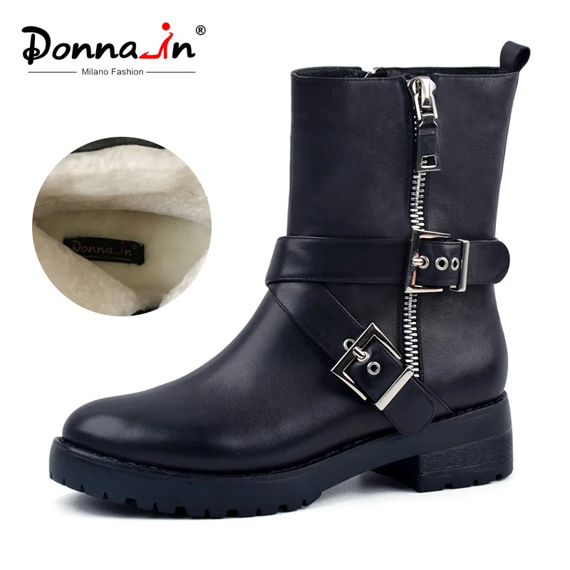 

Donna-in Genuine Leather Mid-calf Women Boots Low Heel Wool Lining Winter Snow Shoes 2019 Fashion Metallic Zipper Riding Boots