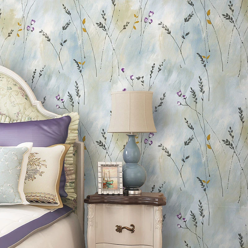 Пасторальные винтажные обои с цветочным рисунком нетканые синие и зеленые цветы