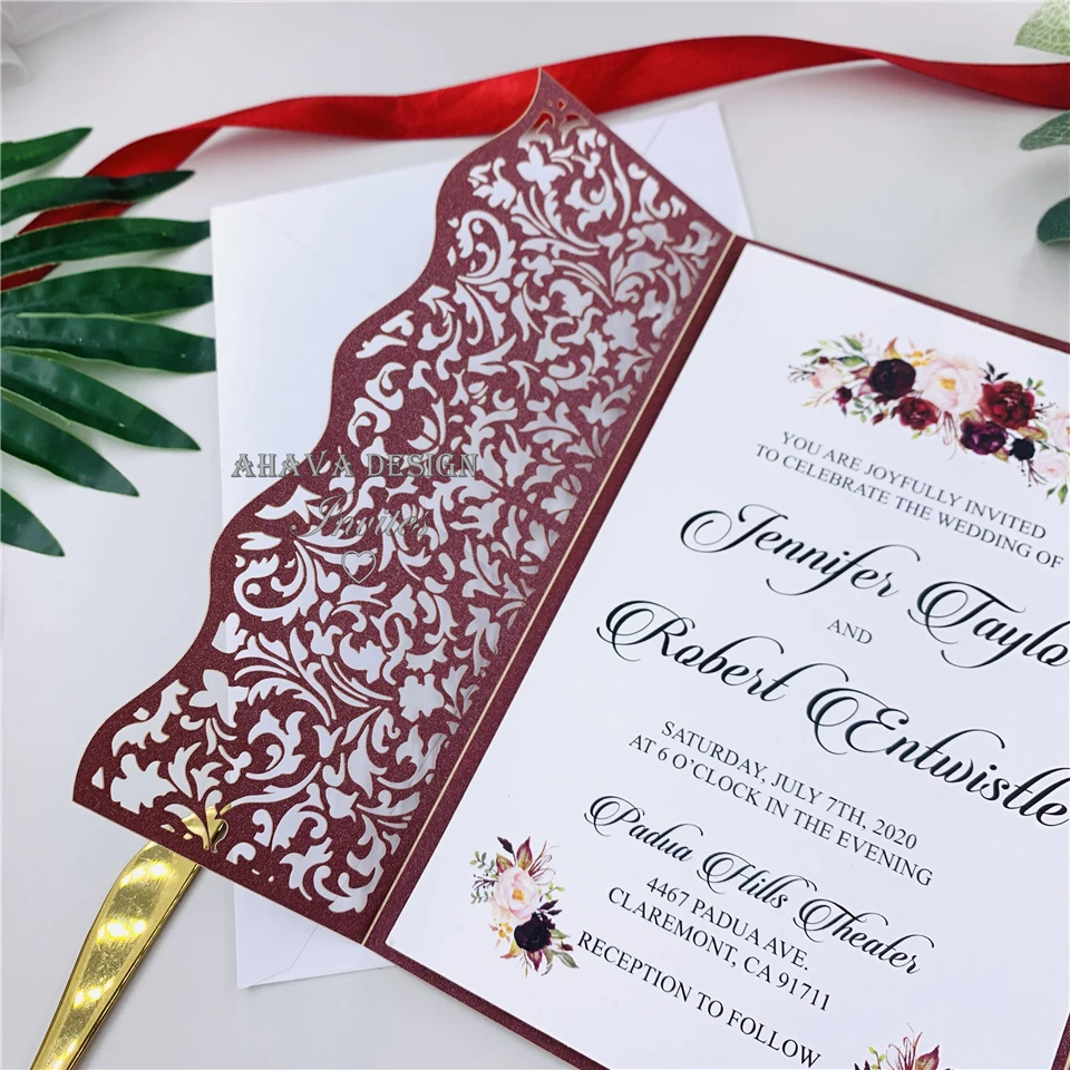 Burgundy Laser Cut Wedding Invitation With Personalized Belly Band, Fancy invitation For Wedding, 15th Birthday, Sweet16