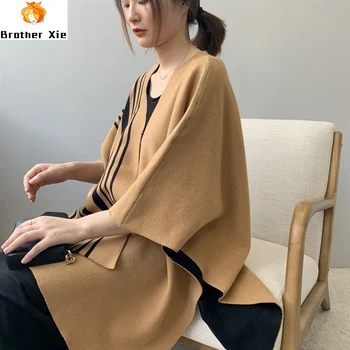 

Autumn 2020 Women Poncho Bawting Sleeve Striped Thick V-Neck Poncho Women Knitted Winter Camle Cardigans Vintage Cape