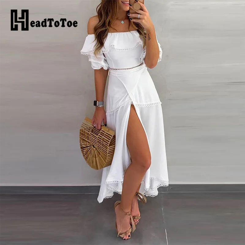 

Ladies Off Shoulder Ruffle Tops & Split Long Skirt Sets Women Solid Casual 2 Piece Set Outfits