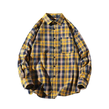 

personality Korean version of the trend of color matching plaid shirt men's casual hip hop loose long-sleeved shirt 5XL