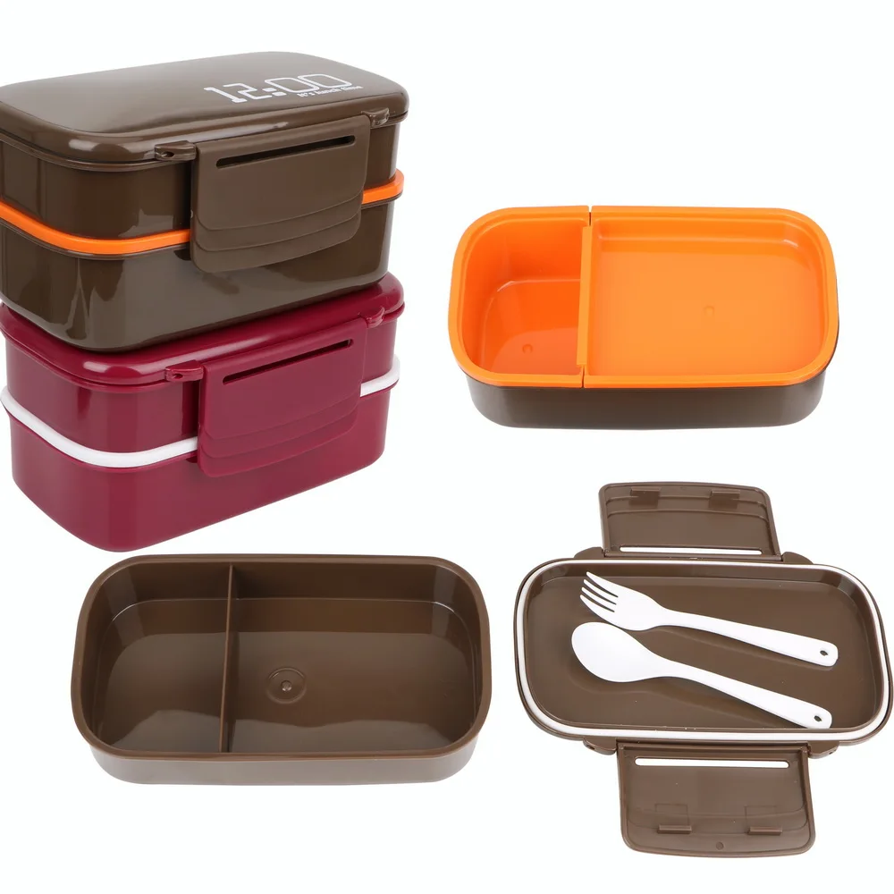 

1400ml Lunch-box Large Capacity Double Layer Microwave Fridge Safe Lunch Food Container with Spoon Fork Eco-Friendly BPA Free