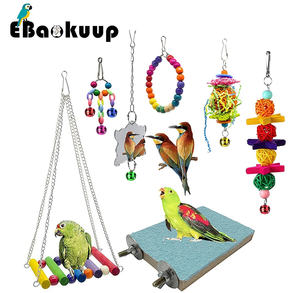 

Ebaokuup 7 Pcs Bird Parrot Swing Chewing Toys Hanging Hammock Bell For Parakeets, Lovebirds,Pet Birds Cage Playing Wooden Toy