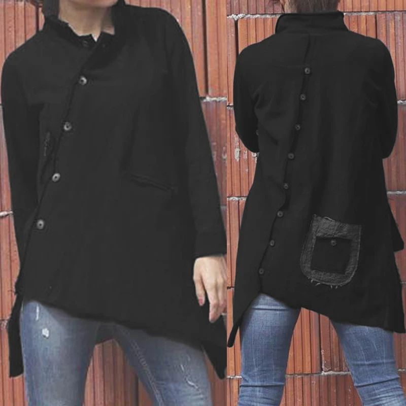 Skup Plus rozmiar asymetryczna tunikowe bluzki kobiety w stylu Vintage bawełniane bluzki Celmia 2019 moda z długim rękawem luźne guziki kieszenie koszule Blusa