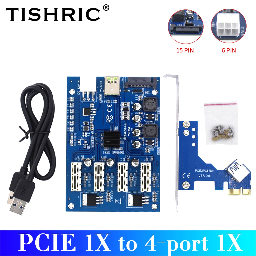 Плата адаптера TISHRIC PCI Express мультипликатор PCIE 1X на 4 порта 1x поддержка SATA 15 pin + 6pin