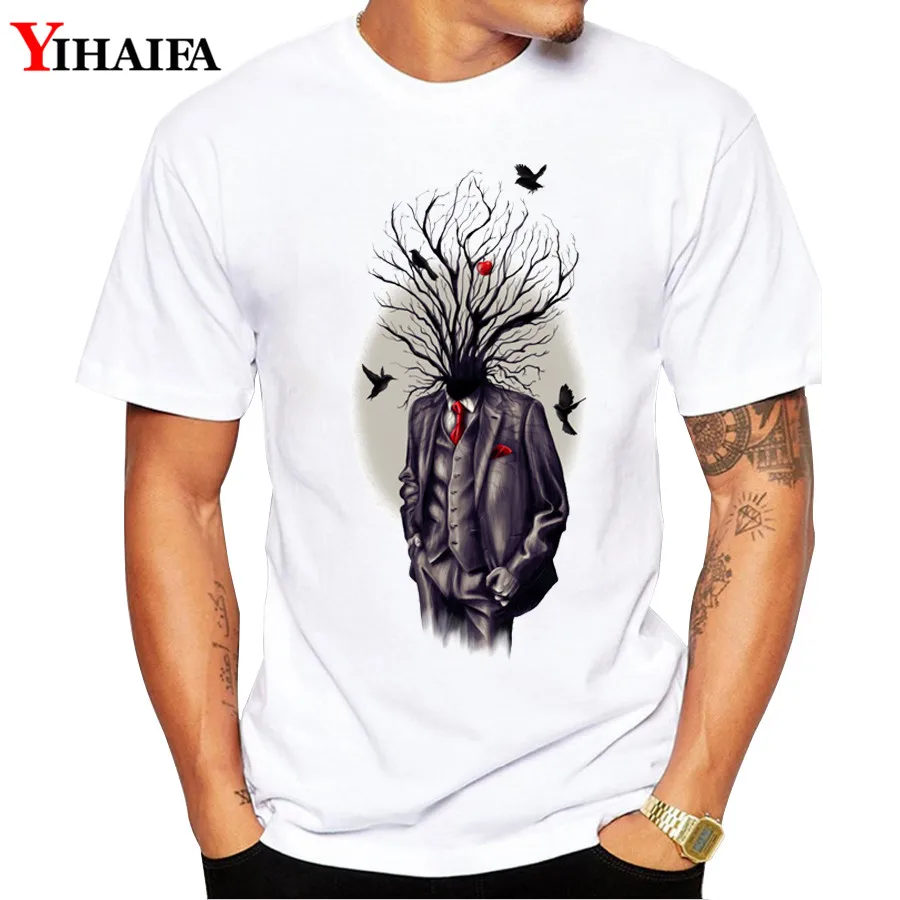 

YIHAIFA Brand Men T Shirt Graphic Tee Personality Design Tree Bird Gym Print Short Sleeve T-Shirts Casual White Tops