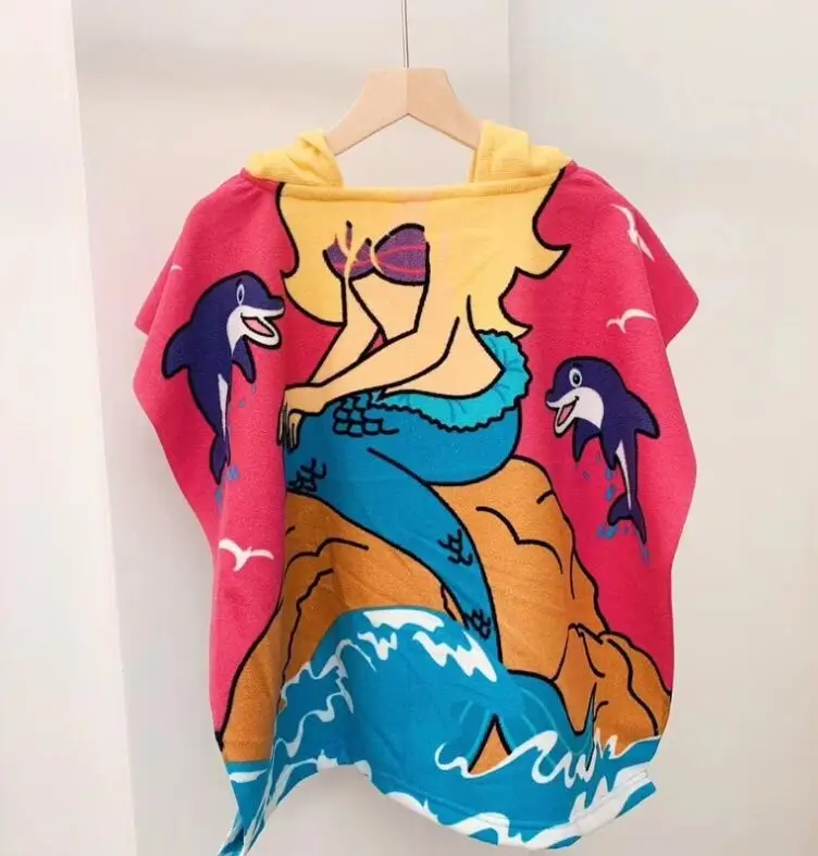 Children Microfiber Changing Robe Beach Cloak Towel Kids Cute Cartoon Hooded Poncho Beach Towels Breathable 60*120cm