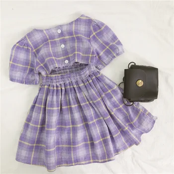 

3533 New Summer Girl's Party Dress Open Back Short Sleeve Purple Dress Children's Beach Holiday Plaid Printed Clothes 80-120cm