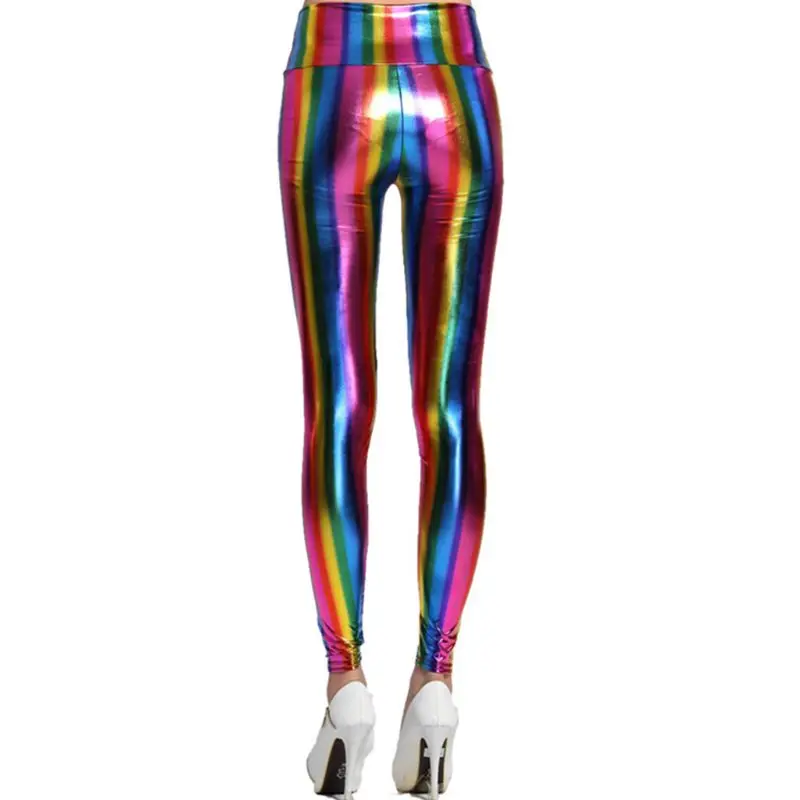 Женские сексуальные леггинсы с голограммой цвета металлик и радуги, блестящие неоновые полоски, штаны с высокой талией, искусственная кожа, вечерние, клубная одежда