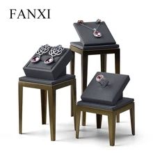 FANXI  New Metal Jewelry Display Stand Set Ring Necklace Bracelet Display Holder Shelf Black Leather Jewelry Organizer Showcase