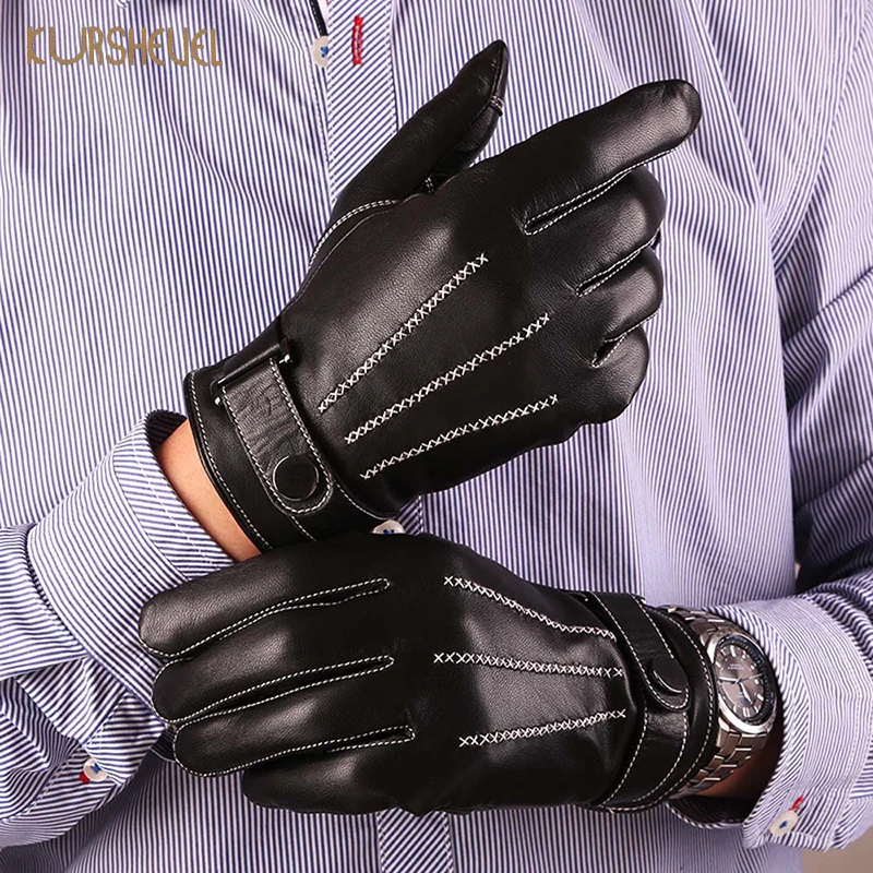 

New Winter Mens Leather Gloves Touch Screen Male Black Genuine Leather Gloves For Driving Warm Goatskin Mittens AGB306