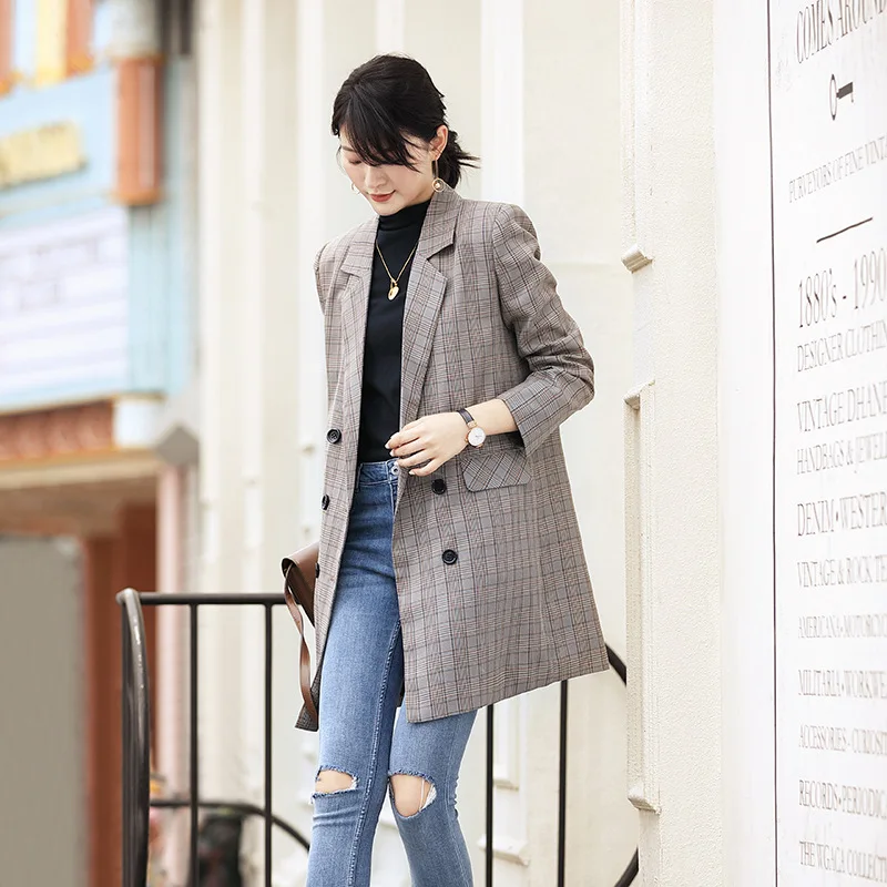 

2019 New Style Spring And Autumn Plaid Suit Women's South Korea Mid-length Pattern CHIC Suit Jacket Women's Casual Loose-Fit