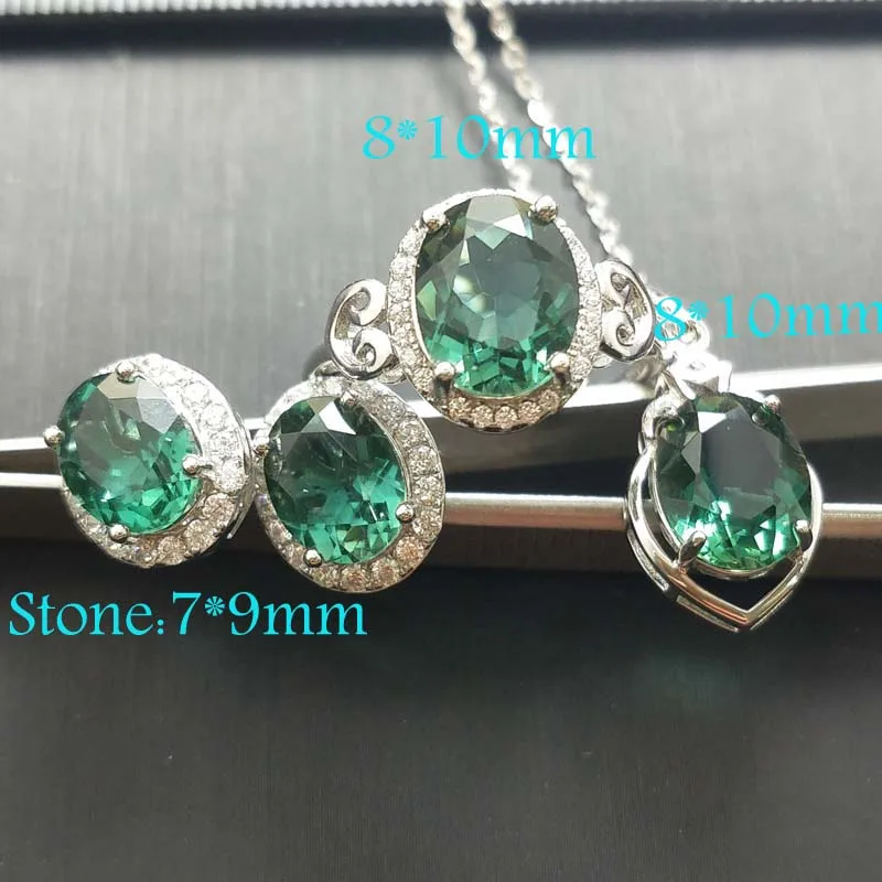 

C-TWO Charming jewelry set 925 sterling silver with green gemstone ring earring and pendant necklace set for party