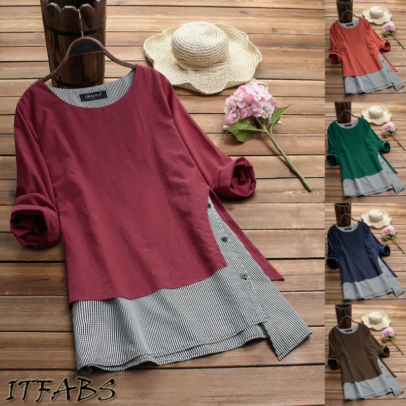

Fashion T-Shirts women long sleeve lattice button casual long sleeve tunic baggy loose large size patchwork T-Shirt Female