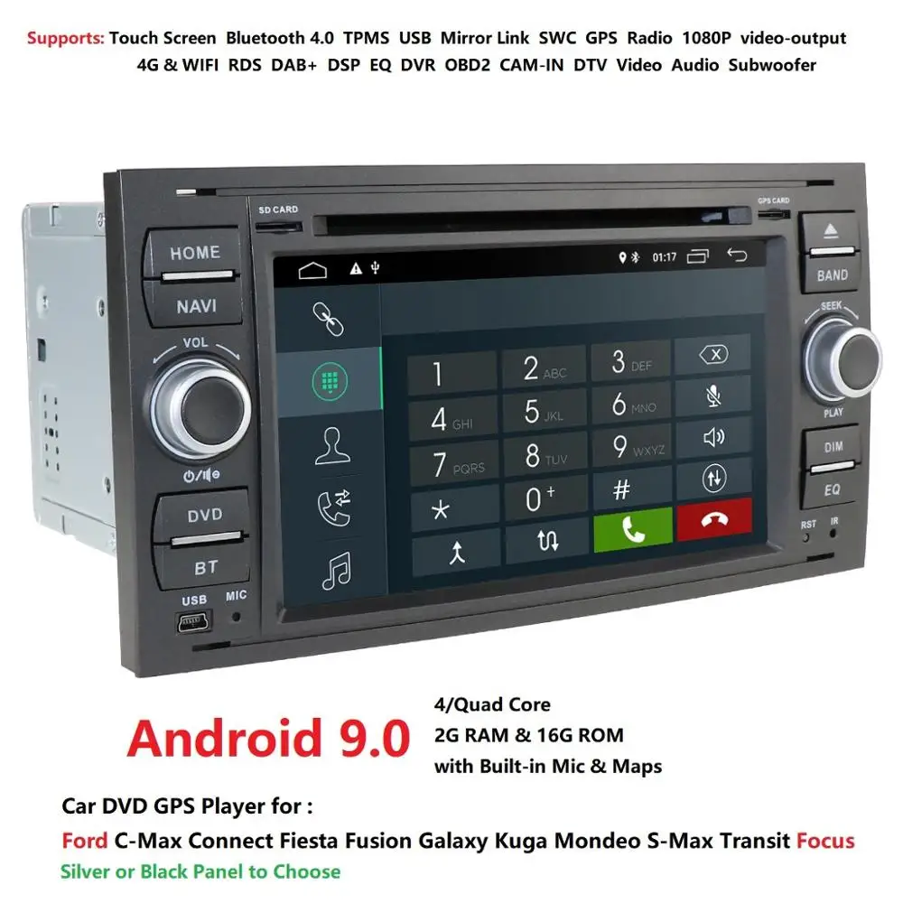 Excellent 7"IPS Touch Screen Android 9.0 Car DVD Player For Ford Focus Transit Kuga Wifi Wifi 3G GPS Radio Steering wheel Free Camera+DVR 3