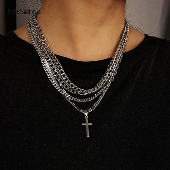 

IngeSight.Z Multi Layered Gothic Cross Pendant Necklace Punk Hip Hop Miami Curb Cuban Choker Necklace for Women Men Jewelry Gift
