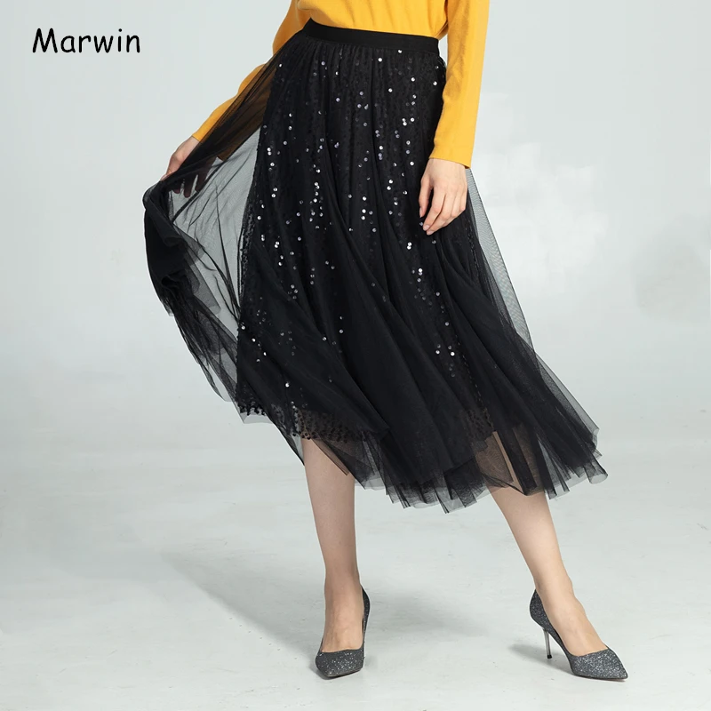 Marwin, новинка, Осень-зима, высокая уличная, европейский стиль, женские юбки, высокое эластичное качество, с блестками, рождественские женские юбки